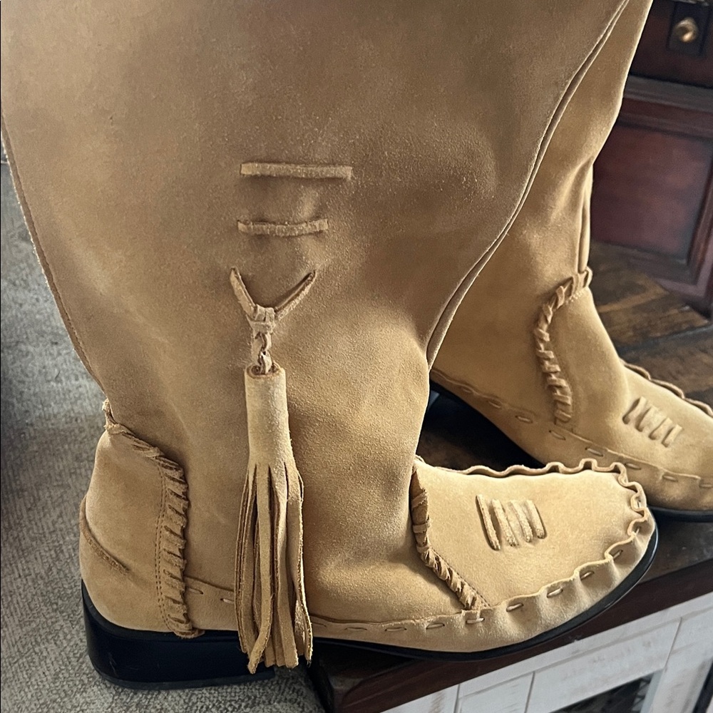 Women’s Tan Maggie Mercado Suede Fringe Tassel Mid-Calf Boots - Picture 3 of 5